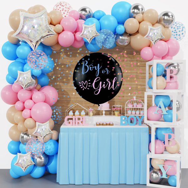 Amandir 164PCS Baby Boxes Gender Reveal Balloon Decorations, Pink and Blue Balloon Garland Kit 4pcs Baby Boxes with Letters (A-Z+Baby) for Baby Shower Birthday Boy or Girl Gender Reveal Party Supplies