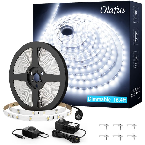 Olafus White LED Strip Lights, 16.4ft Dimmable LED Light Strip, 12V 6000K Vanity Mirror Light with UL Listed Plug, 300 LEDs 2835 Flexible Led Lights for Bedroom Under Cabinet Kitchen
