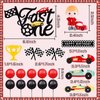 MEMOVAN Fast One Cake Topper Race Car First Birthday Cake Decorations with Red Black Balls for Boy's Kids Racing Car Checkered Flag Themed Birthday Party Favors