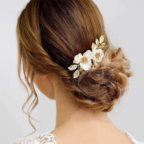 CASOLVX Bridal Hair Comb Floral Hair Piece Hair Comb Gold Leaf Wedding Hair Accessories for Brides Bridesmaids and Women