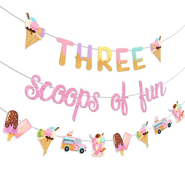 Jollyboom Three Scoops of Fun Banner Ice Cream 3rd Birthday Party Decoration for Girls, Glitter for Girl Summer Ice Cream Theme 3rd So Sweet Birthday Party Decoration