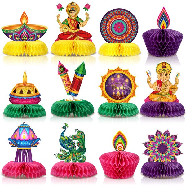 12 Pieces Diwali Party Decorations Paper Honeycomb Centerpiece Table Toppers, Festival of Lights Party Supplies for Happy Diwali Indian Deepavali Hindu Party