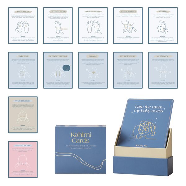 Kahlmi 52 Baby Massage Mama Affirmations Cards for Baby Constipation, Gas Relief, Colic Calm, and Baby Sleep Aid for Newborn, Infant, Toddler, Parents, Mom Gifts, and Baby Gifts