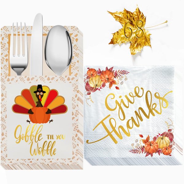 Thanksgiving Napkins, 50 Count Gold Foil Napkins Paper w 18 Count Cutlery Holders, Give Thanks Decorations for Autumn Leaves Fall Harvest Wedding Table Disposable Centerpiece Decor