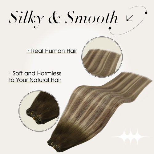 Full Shine Hand Tied Weft Hair Extensions Human Hair 14 Inch Ombre Hair Extensions Real Human Hair Sew In Invisible Hair Weft Extension Remy Hair Sew In Weft Human Hair Extensions 50G