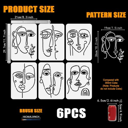 FINGERINSPIRE 6 Pcs Abstract Human Face Stencil with a 16cm Paint Brush, 11.7x8.3inch Portrait Face Pattern Stencils Reusable Plastic Template for Painting on Wall Wood Furniture Fabric