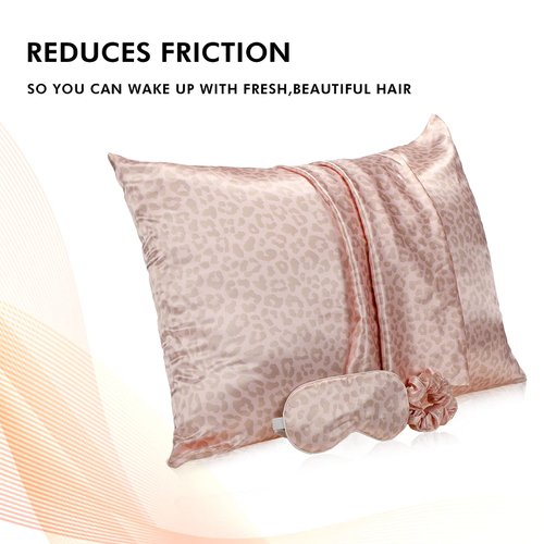 2 Pack Satin Pillowcase with Latent Zipper, Adjustable Satin Eye Mask for Sleeping and Satin Volume Scrunchie for Hair and Skin, Standard Size (Pink, Leopard Style)