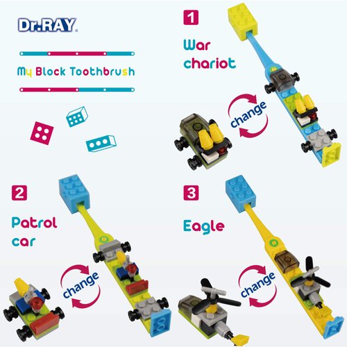Dr.RAY Kids Toothbrush with Building Blocks and Toothbrush Covers, Extra Soft, Ages 6+ (Pack of 3, Multi-Colored)