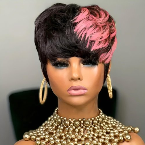 YJOQOKOA Short Pixie Cut Wig Human Hair Glueless Wigs for Black Women Bob Wig with Bangs Short Wigs for Black Women Black mix Pink Color Short Layered Wavy Wigs Full Machine Made Short Bob Wig