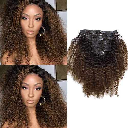 African American Afro Kinky Curly Clip ins Hair Extensions Double Weft Top Grade Brazilian Virgin Hair, Two Tone Ombre Brown 120 Gram, 18 Inch