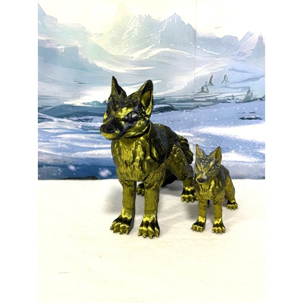 Articulated Wolf 3D Printed Wolf Toy, Mother and Child Wolf Fidget Toy, 2 pcs Articulated Fidget Toy 3D Printed Gift for Him, Executive Desk Toy, Home Decor (Black and Dark Gold)
