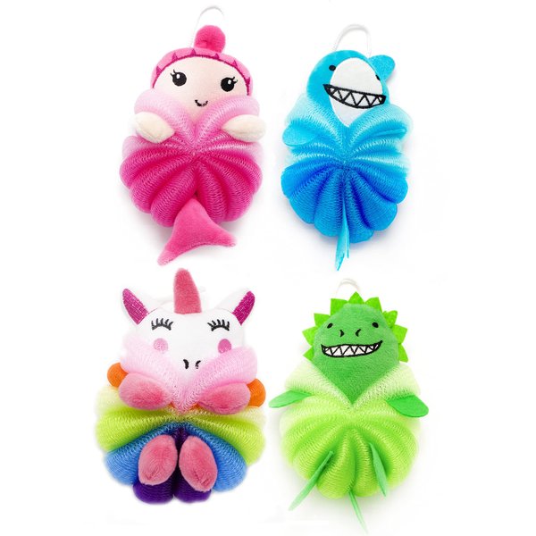 MURRI&MURRDI 4 Pcs Bath Loofah for Kids Bath Sponge, Lovely Animal Body Scrubber Kids Toddler Body Loofah Cute Cartoon Kids Bath Pouf Mesh Loofah Sponge for Children Shower 55g (4 Cartoon B)