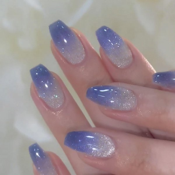 Blue Ombre Press on Nails Medium Coffin Fake Nails Acrylic Glue on Nails with Gradient Glitter Bling Cat Eye False Nails Press ons with Glue Stick on Nails for Women and Girls 24 Pcs