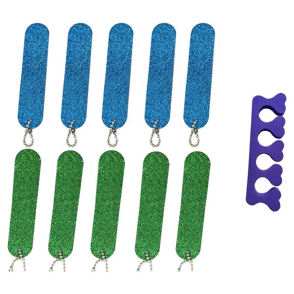 VOSAIDI 10 Pcs Professional Nail Files Nail tool Shining Blue and Green Mini Nail Colorful Files With Chain Double Sided Emery Board 180 Grit