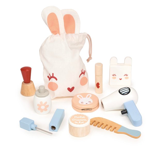 Mentari Toys - Bunny Make Up Set - 10 Pc Wooden Pretend Play Beauty Kit with Bunny Storage Bag - Role Play Toy with Realistic Pieces - Inspire Creativity and Imagination - Age 3+