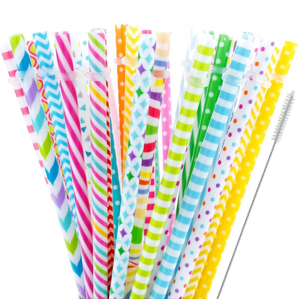 JANYUN 40 Pieces Reusable Straws BPA-Free 9" Colorful Printing Hard Platic Stripe Drinking Straw for Mason Jar Tumbler Family or Party Use Cleaning Brush Included Random Style (Casual Style)