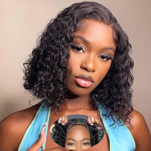 12 Inch 5X5 Wear and Go Glueless Bob Wigs Human Hair Pre Plucked Pre Cut 5X5 Lace Closure Wigs Human Hair For Women Deep Wave Curly Bob Wigs Human Hair Pre Plucked Pre Cut For Beginner 180% Density