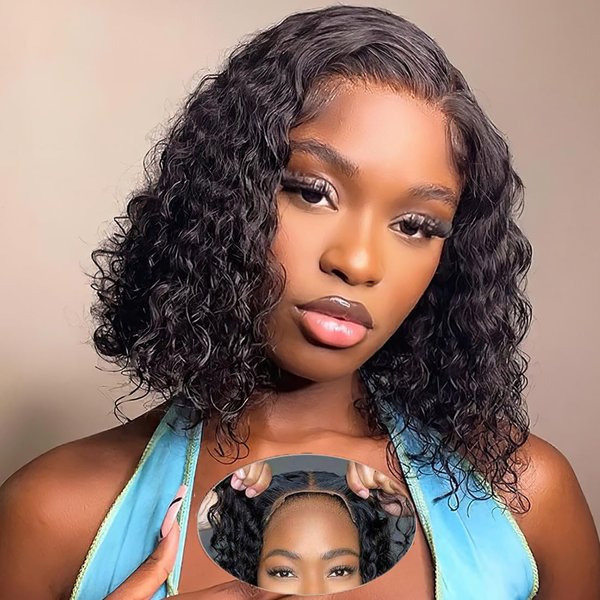 12 Inch 5X5 Wear and Go Glueless Bob Wigs Human Hair Pre Plucked Pre Cut 5X5 Lace Closure Wigs Human Hair For Women Deep Wave Curly Bob Wigs Human Hair Pre Plucked Pre Cut For Beginner 180% Density