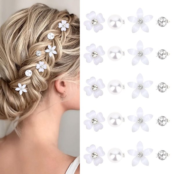 YISSION 20Pcs Mini Flower Hair Clips Cute Rhinestone Hair Pins Small Pearl Hair Clips Decorative Hair Clips Wedding Hair Barrettes White Hair Clips Bridal Hair Accessories for Girls Women