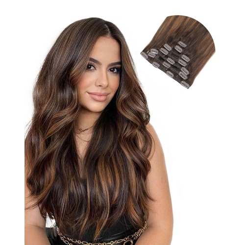 Missme Clip In Hair Extensions Real Human Hair,16in 120g 7pcs 16 Clips On Hair Extensions 100% Real Human Balayage Dark Brown Mixed Chestnut Brown Hair For Women