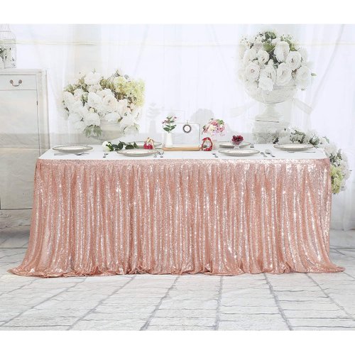 PartyDelight 6ft Rose Gold Sequin Table Skirt for Round/Rectangle/Square Table for Birthday Party Wedding Christmas.