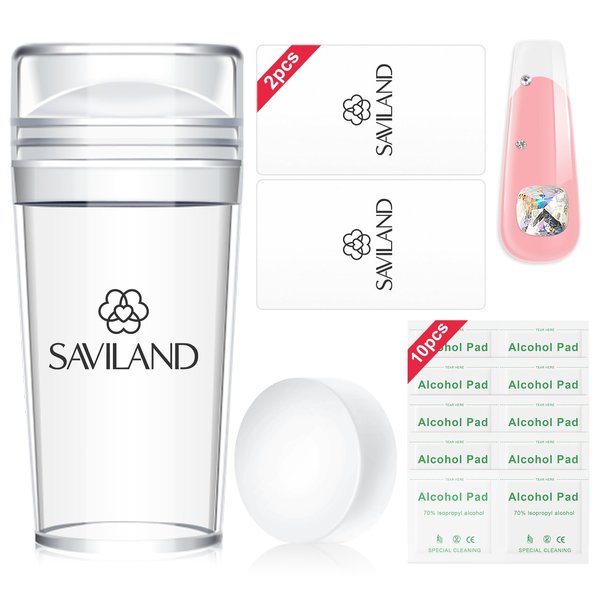 Saviland French Tip Nail Stamp -14PCS French Tip Nail Tool with Replaceable Stamper Head, Clear Silicone Nail Stamper kit French Nail Stamper with Scrapers for French Manicure Home DIY Nail Art Salon