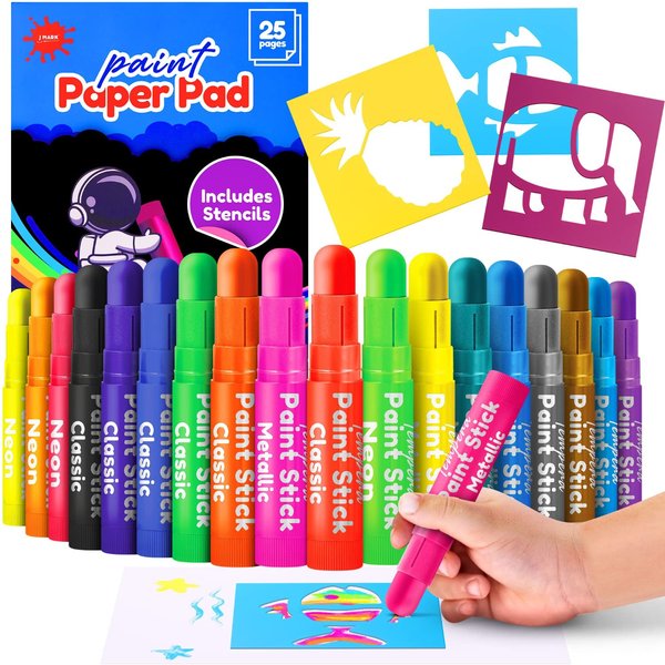 J MARK Solid Tempera Paint Sticks - Including Painting Book and Stencils, Set of Paint Sticks for Kids Washable- Tempera Sticks