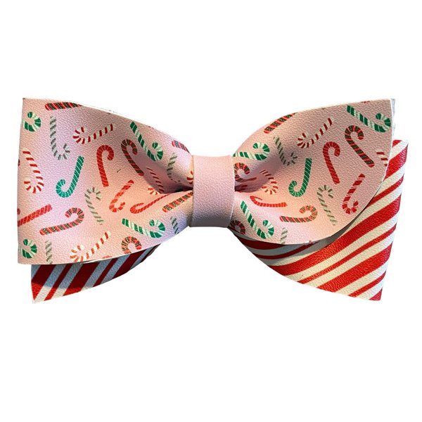 Candy Cane Hair Bow, Faux Leather Bow, Winter Hair Bow, Pink, Green, White, Gingerbread Men, Christmas, Holiday, Red, Elves (Candy canes/red and white stripes)
