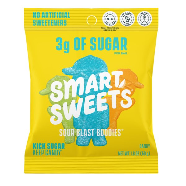 SmartSweets Sour Blast Buddies, Low Sugar Gummy Candy (3g), Low Calorie (130), Gluten-Free -1.8oz (Pack of 12) Packaging may vary