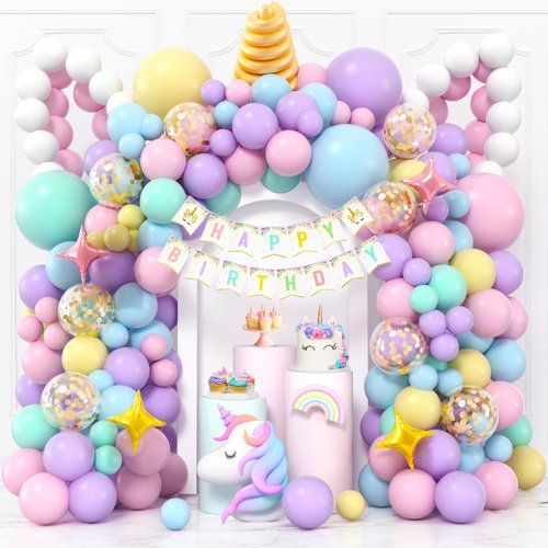 Winrayk 174Pcs Unicorn Balloons Arch Kit Unicorn Birthday Decorations for Girls Pastel Pink Purple Unicorn Balloon Garland Happy Birthday Banner Confetti Star Rainbow Unicorn Party Decoration Supplies