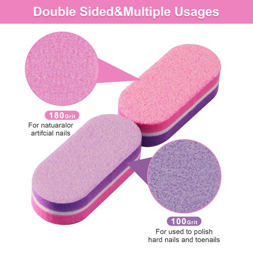 Diesisa Mini Nail Buffers, 40pc 100/180 Grit Sponge Mini Nail Files Bulk for Acrylic Nails, Buffer Block Nail File,Mini Bulk Nail buffers Double Sided for Manicure Tools - Pink/Purple