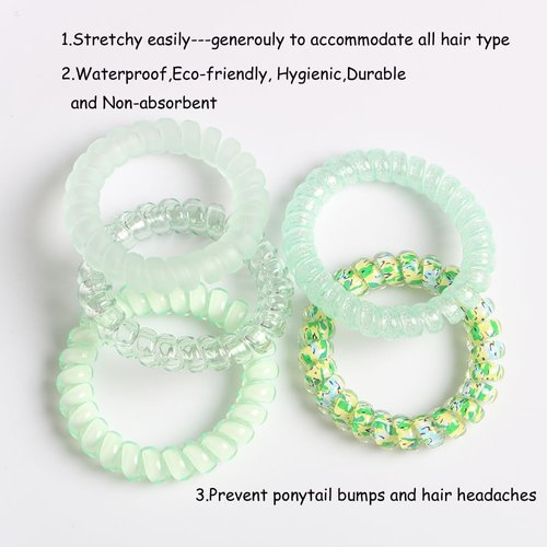 Spiral Hair Ties,Pack of 5,Elastic Coil Hair Ties for Women Girls,No Damage No Crease Telephone Wire Cord Hair Ties for Thick Hair & Thin Hair(Green)