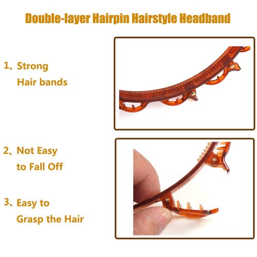 Double-layer Bang Hairstyle Headband - 1 Pack Elegant Bang Headband w/2 Pack Big Alligator Hair Clips, Hair Twister Tool Accessories for Women, Girls, Curly, Straight, Thick Hair (Brown Headband)