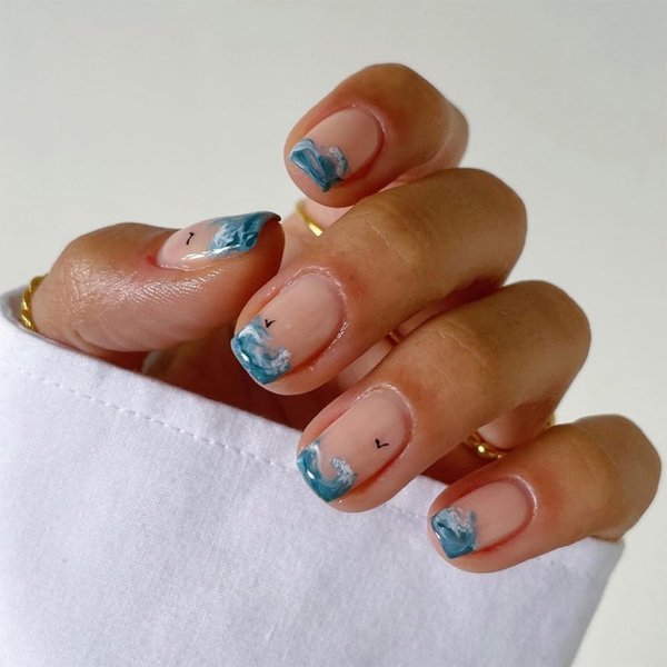 ANDGING French Tip Press on Nails Short Square Blue Fake Nails Glue on Nails with Sea Wave Cartoon Design Manicure Acrylic False Nails with Glue Full Cover Gel Stick on Nail for Wedding Birthday CDL5