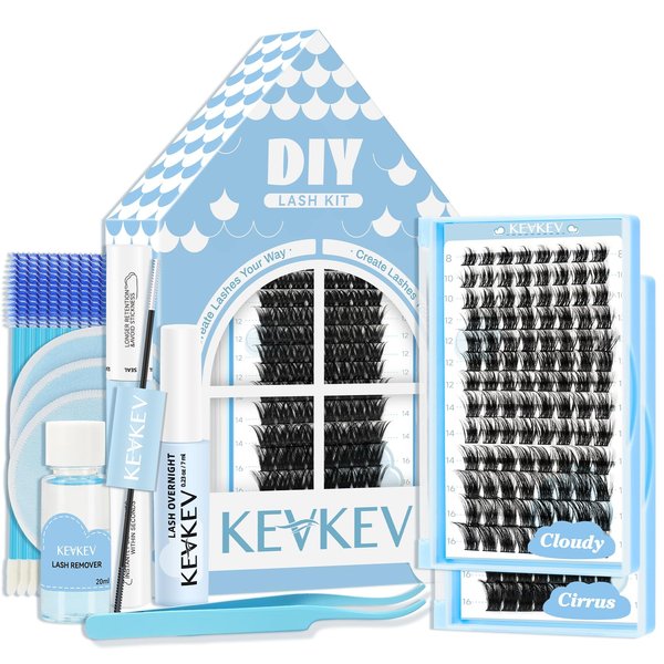 KevKev DIY Lash Extension Kit Lash Clusters Kit 2 Count Eyelash Extension Kit Lash Bond and Seal 7ml Overnighter Sealer Lash Remover for Lash Extension Clusters(Cloudy&Cirrus, 208 Pcs Kit)