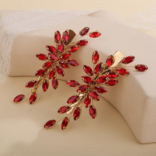 Teyglen Red Rhinestone Bridal Hair Clips Crystal Wedding Hair Barrette for Women Decorative Hair Accessories Jewelry Sparkly Crystal Hair Piece (Red)