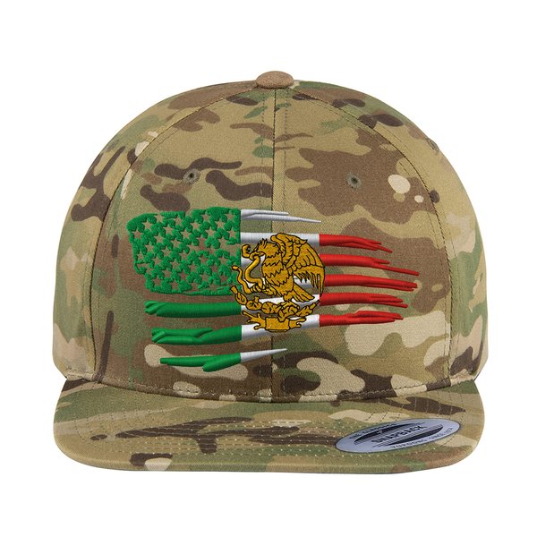Mexican American Flag Combination Snapback Hats. US Mexico Flag. 6089MT Yupoong Classic Snapback Hats (Multicam Camo)