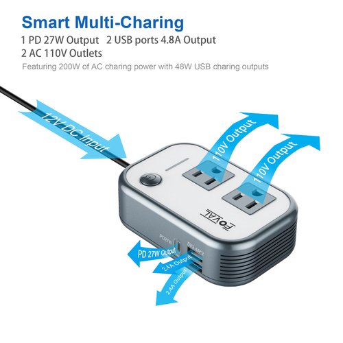 FOVAL 200W Car Power Inverter, DC 12V to 110V AC Car Laptop Charger Fast Charger Converter with [27W PD USB-C] & Dual USB Ports Multi-Protection Car Outlet Adapter Power Inverter for Vehicles