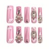 Aegenacess Square Press On Nails Extra Long - Pink French Press On Nails, Luxurious Glue On Nails with 3D Butterfly and Rhinestones, French Stick On Nails, Handmade 24PCS Fake Nails in 12 Sizes