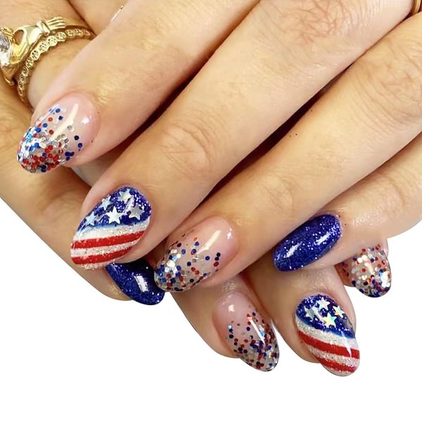 24Pcs 4th of July Press on Nails Short Almond Fake Nails Independence Day Flag with Glitter Star Sequin Design Acrylic Glue on Nails Blue False Nails for Women Girls 4th of July Nails Decoration