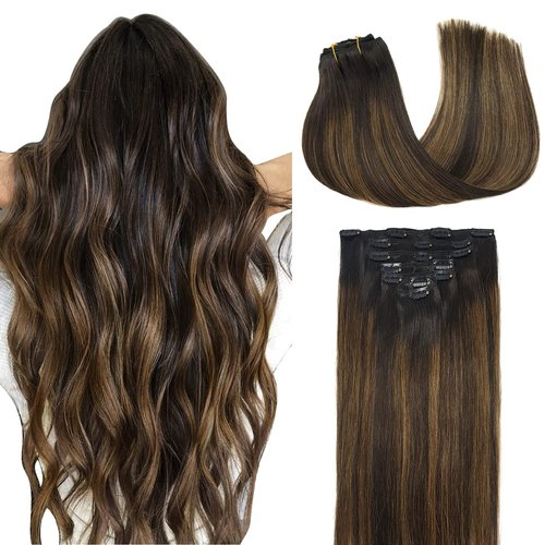 DOORES Human Hair Clip in Extensions Balayage Dark Brown to Chestnut Brown 20 Inch Clip in Hair Extensions Straight Natural Hair Extensions Thick Remy Extensions 120g 7pcs