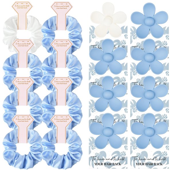 DEEKA 16 Pcs Bridesmaid Proposal Gifts Set Flower Hair Claw Clips with Floral Card & Satin Scrunchies Proposal Box Bridal Party Gift Bridesmaids Bachelorette Party Favors (White&Light Blue)