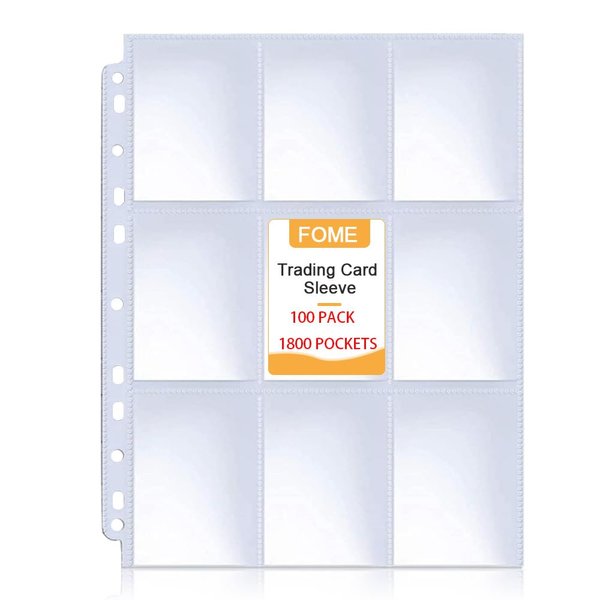 1800 Pockets Baseball Card Sleeves, FOME Double Side 9-Pocket Trading Card Sleeve Page Protector 11 Holes Game Card Sleeves Fit 3 Ring Binder for Trading Baseball Game Business Cards 100 Pages