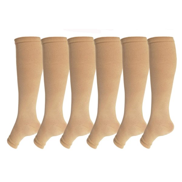 Open Toe Toeless Compression Socks 6 Pairs for Women Men 15-20 mmHg Calf Support Compression Sleeve(S/M, Nude)