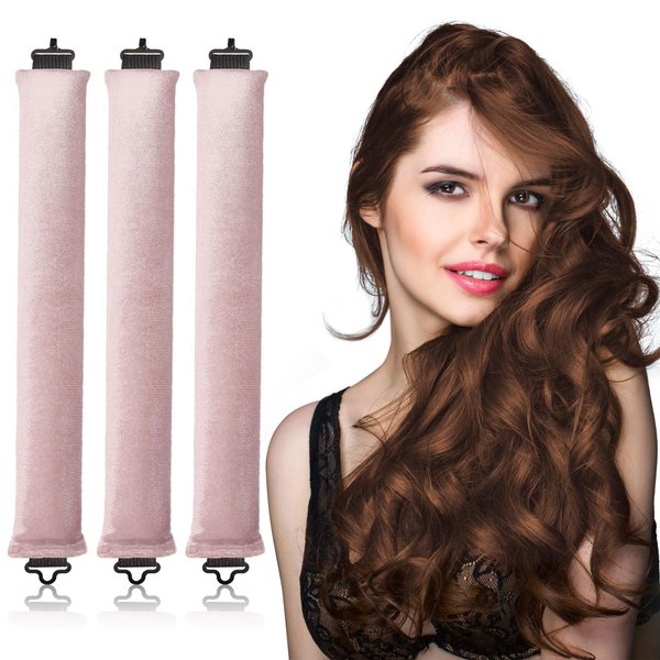 Caliee 3PCS Heatless Curls Overnight No Heat Curling Tool Heatless Hair Curlers to Sleep in Soft Flannel Hair Curler Rods Overnight Rollers for Hair Light Pink