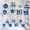 Blue Silver 16th Birthday Hanging Swirls Decorations for Boys, 16Pcs Happy 16 Year Old Birthday Foil Swirl Party Supplies, Sixteen Birthday Ceiling Hanging Decor