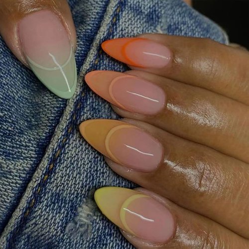 24Pcs Press on Nails Medium,French Oval Fake Nails,Tips Acrylic False Nails Full Cover Gradient False Nails for Women and Girls