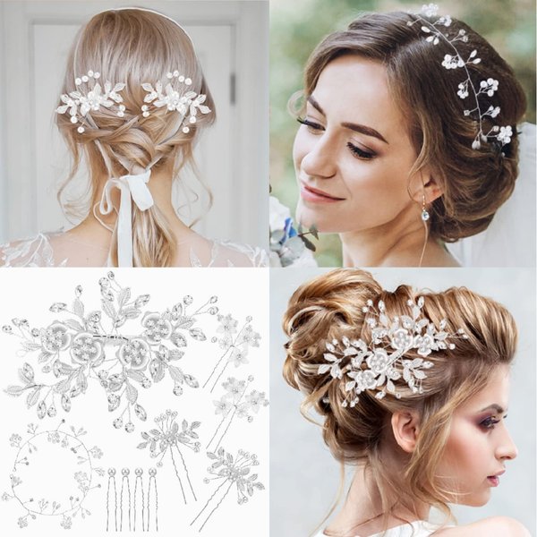 10 Pieces Wedding Rhinestone Clip Bride Hair Comb Set Bridal U Shaped Pearl Hair Clip Crystal Silver Hair Pins Flower Clip Head Pieces Pearl Wedding Hair Vine for Bride Bridesmaid Hair Accessories