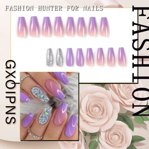 Press on Nails Short Coffin Fake Nails with Sequins Designs Purple Square Full Cover Stick on Nails Glossy False Nails with Glue on Nails for Women 24pcs
