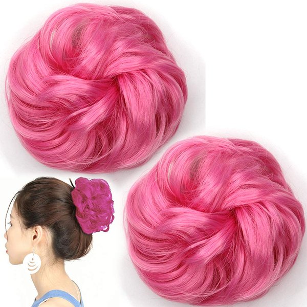 Liliyab 2Pcs Messy Hair Bun Hair Piece Scrunchy Hair Bun Pieces Extension Curly Wavy Rubber Band Elastic Scrunchie Ponytail Hair Accessories (90C# Pink)